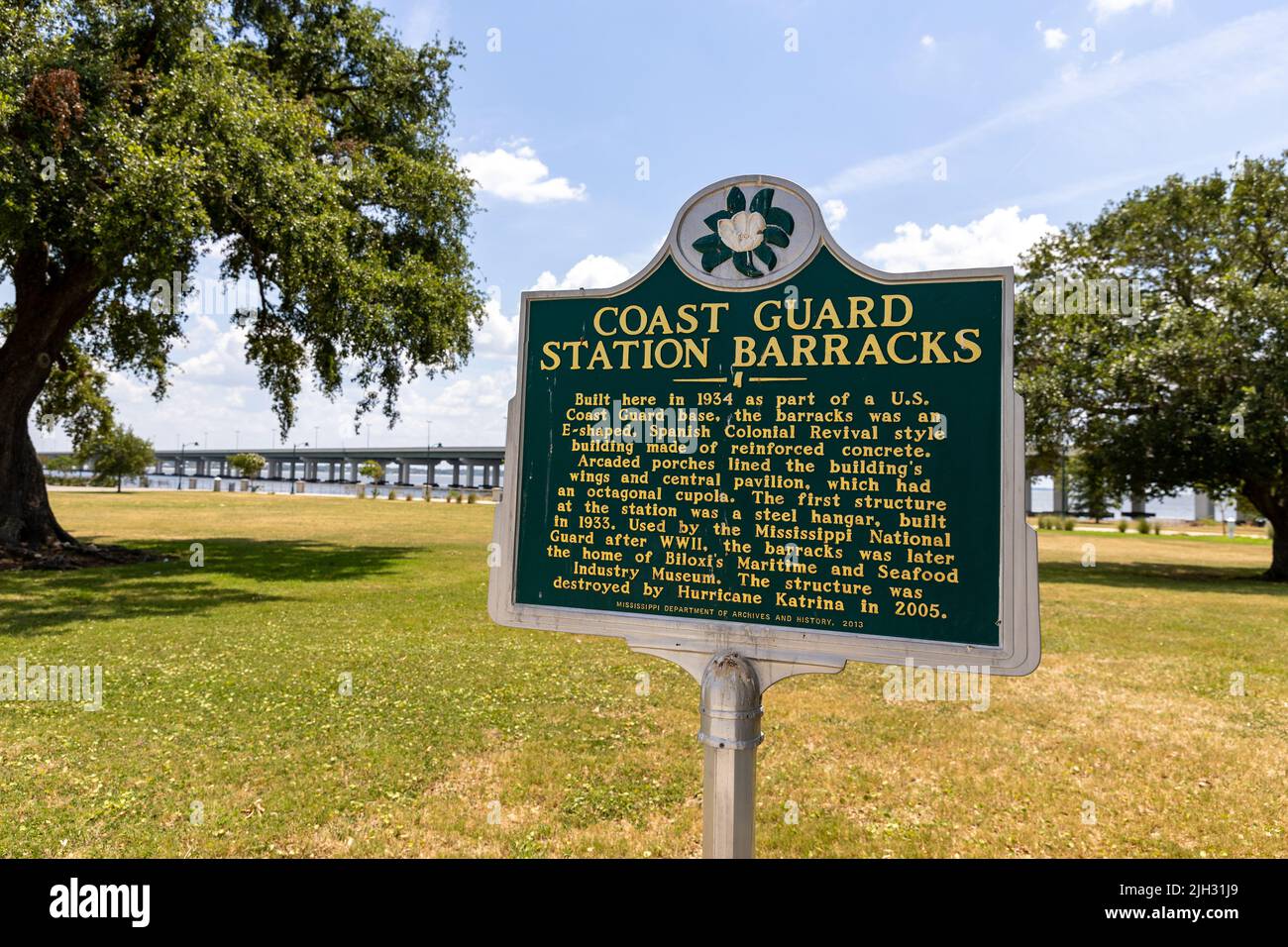 Biloxi, MS - June 18, 2022: Historic marker of the Coast Guard Station Barracks in Biloxi, MS that was destroyed in 2005 by Hurricane Katrina. Stock Photo
