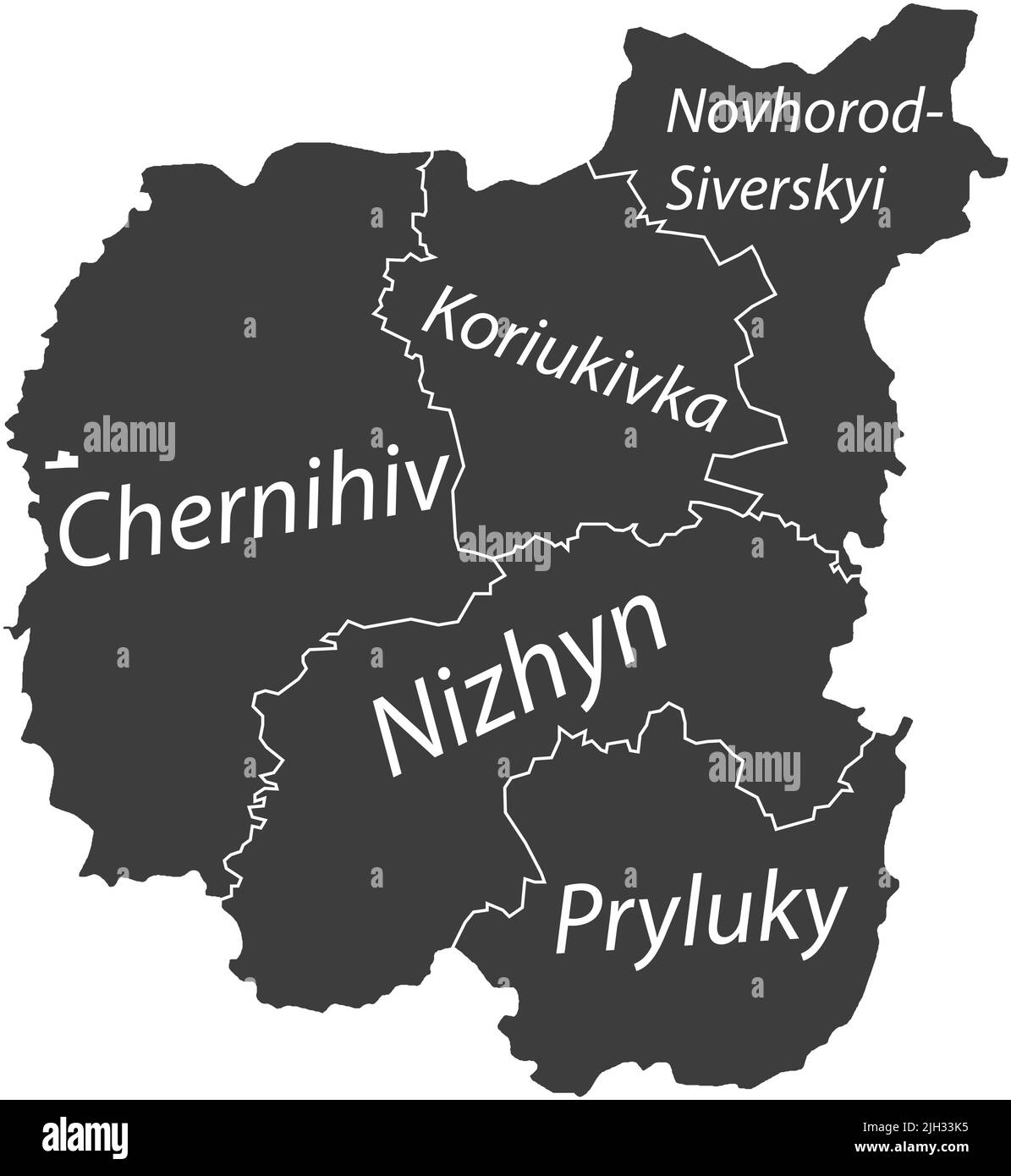 Dark gray tagged map of raions of the CHERNIHIV OBLAST, UKRAINE Stock Vector
