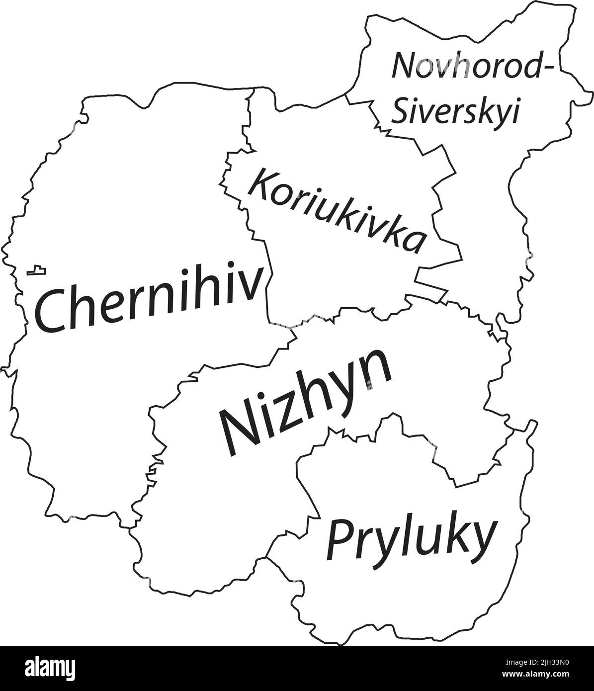 White tagged map of raions of the CHERNIHIV OBLAST, UKRAINE Stock Vector
