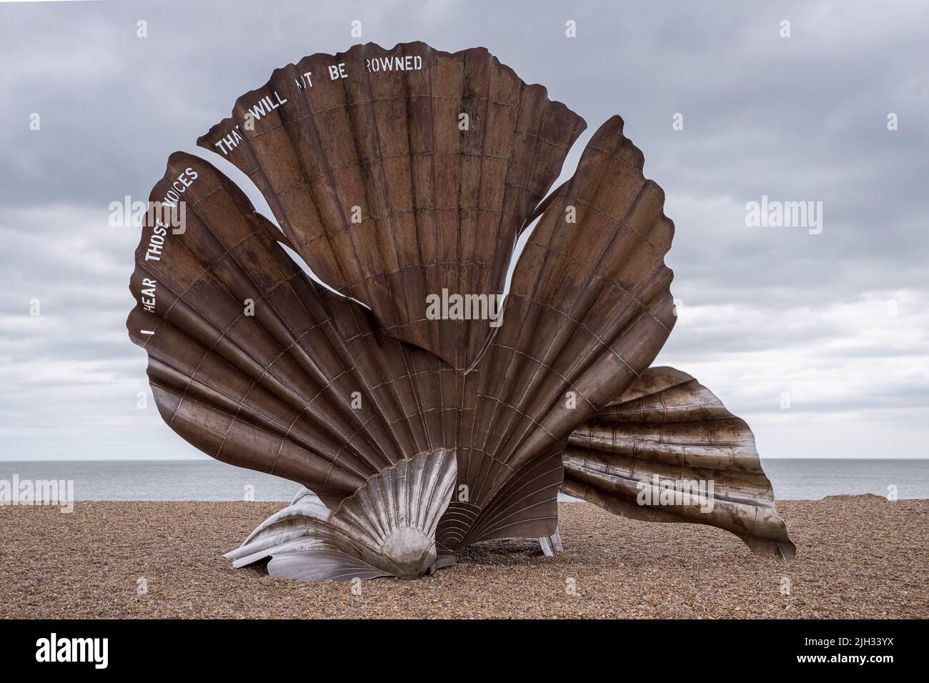 The Scallop sculpture pictured on Aldeburgh Beach on the Suffolk coast