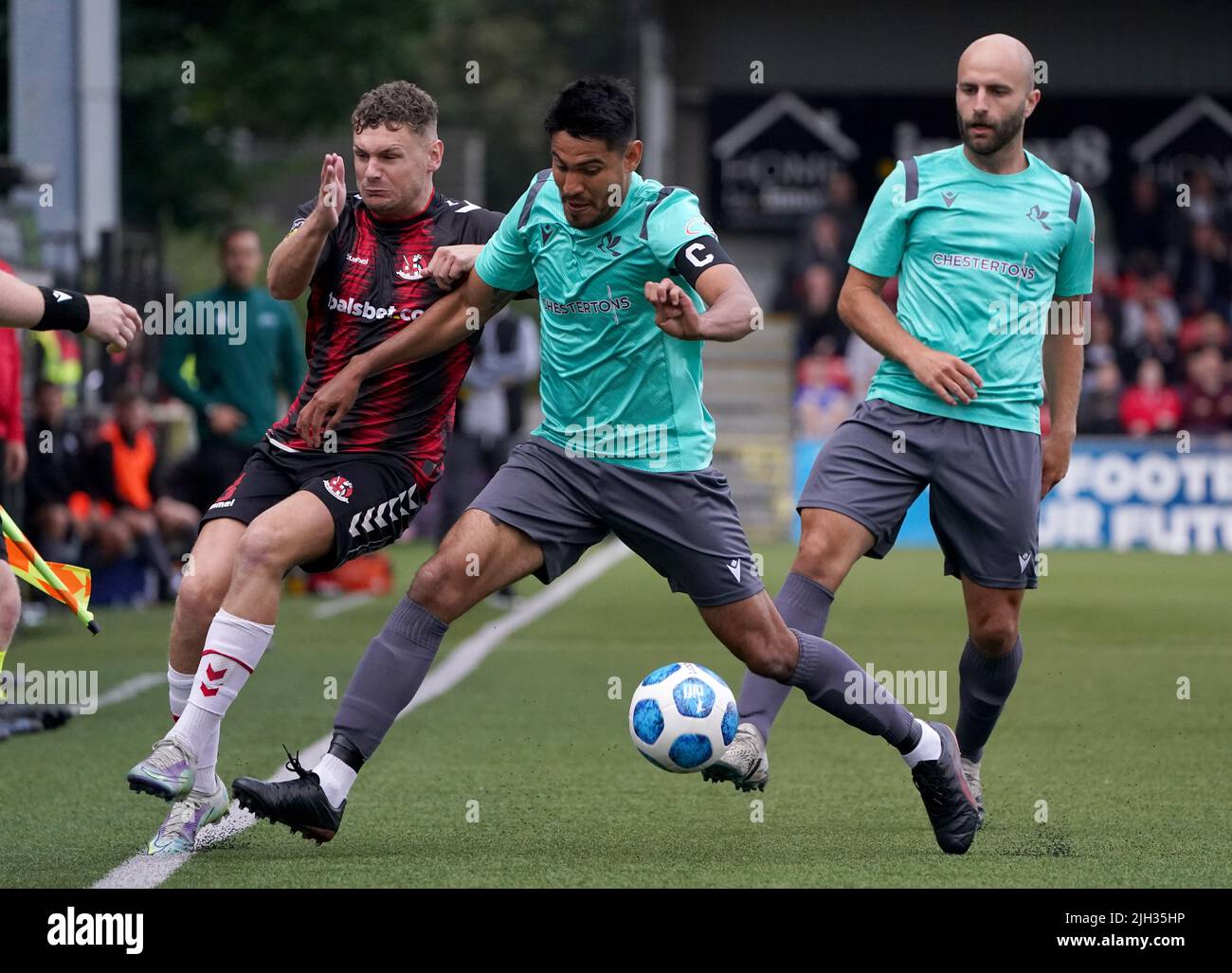Crusaders’s Ben Kennedy battles with FCB Magpies’ Francisco Javier Gil Zuniga during the UEFA Europa Conference League First Qualifying Round second leg match at Seaview, Belfast. Picture date: Thursday July 14, 2022. Stock Photo