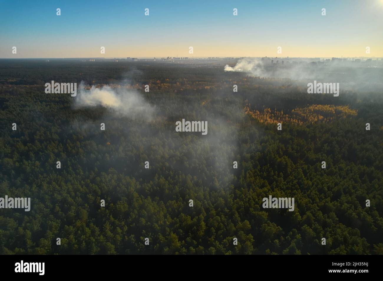 Aerial drone view of a wildfire in forested area. Stock Photo