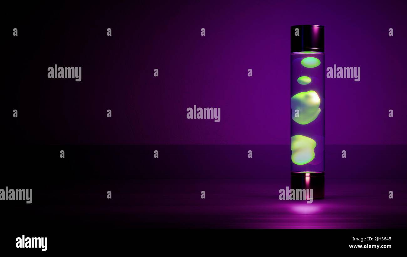 Shining green lava lamp on pink dark background with empty space