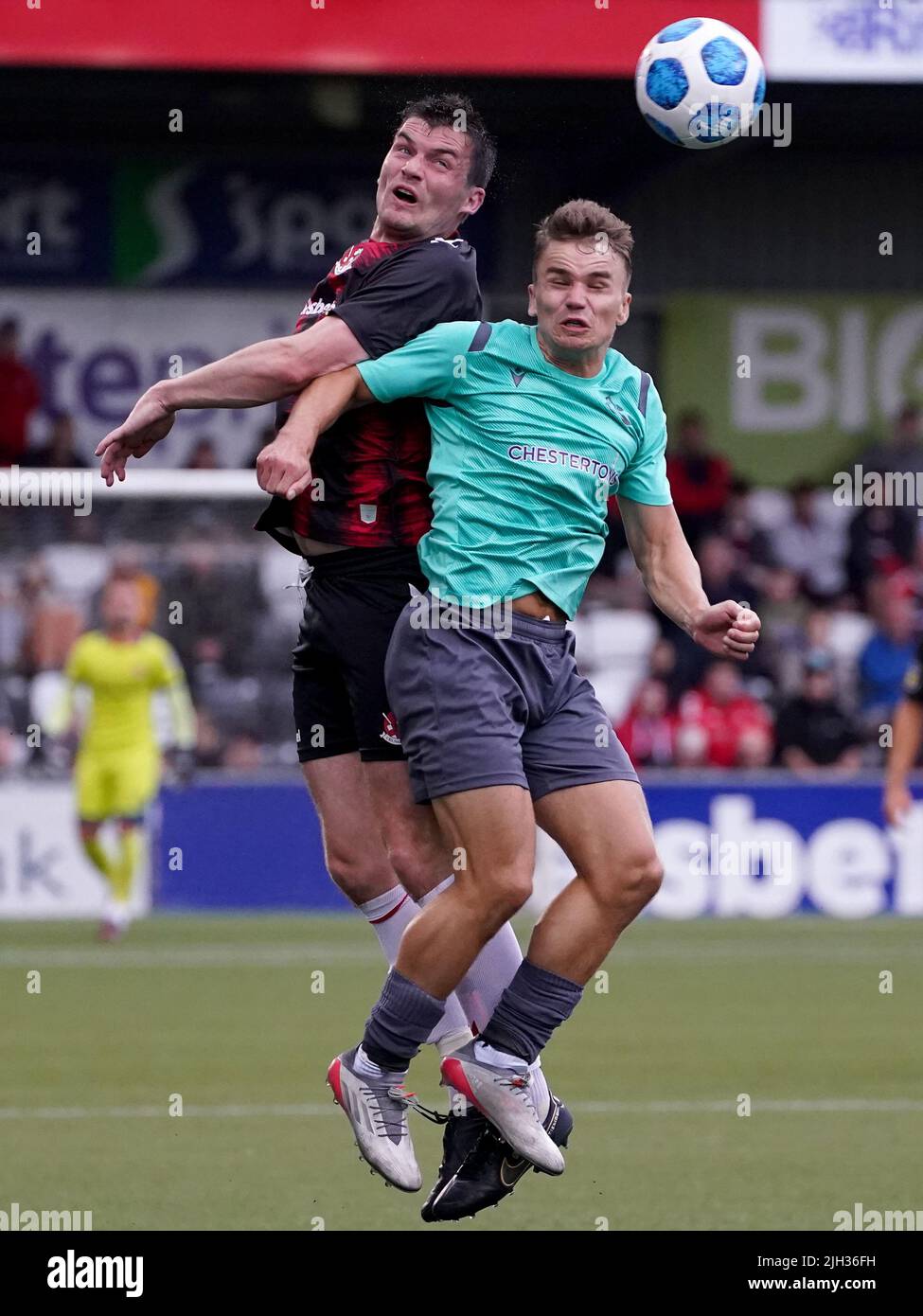 Crusaders’s Philip Lowry battles with Magpies’ Jamie Coombes during the UEFA Europa Conference League First Qualifying Round second leg match at Seaview, Belfast. Picture date: Thursday July 14, 2022. Stock Photo