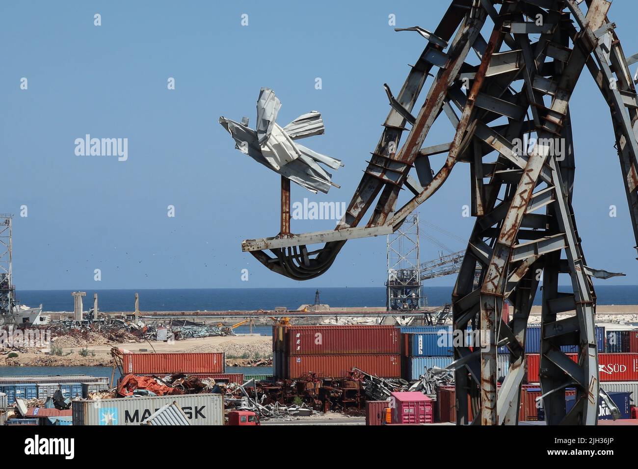 Beirut, Lebanon. 14th July, 2022. A rusty detail of “The Gesture” statue seen at the port of
