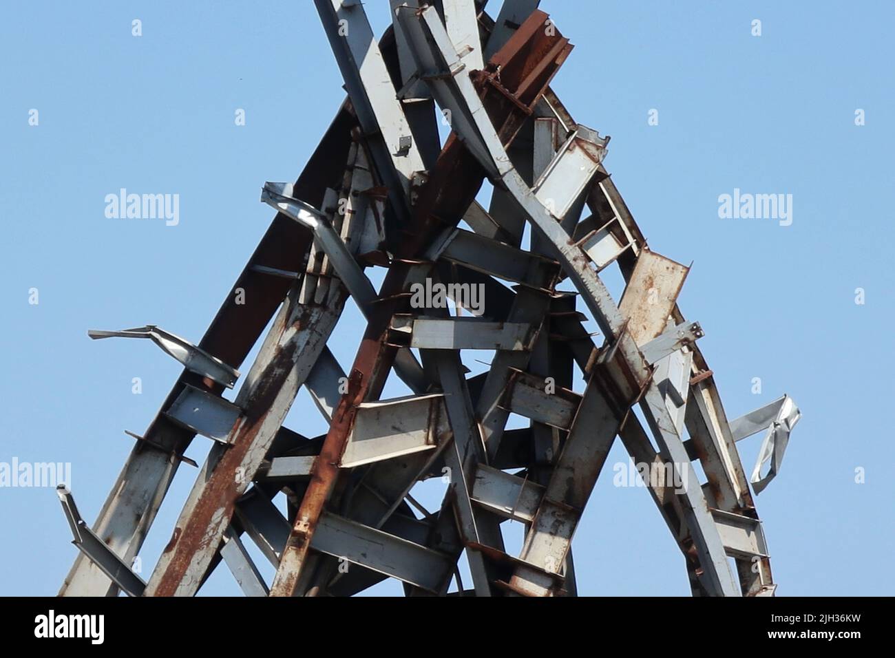 Beirut, Lebanon. 14th July, 2022. A detail of “The Gesture” statue seen at the port of Beirut on