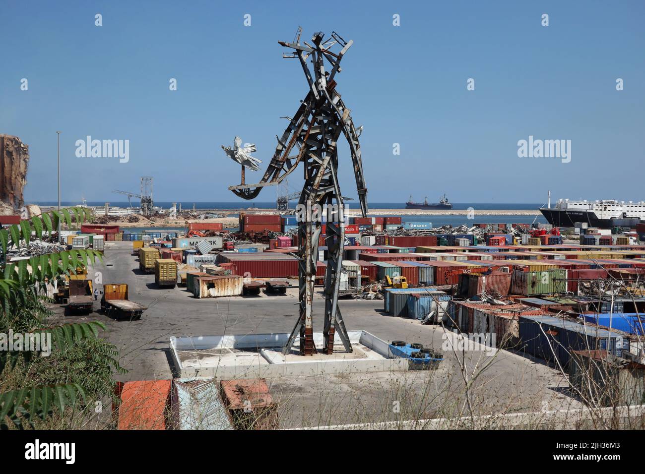 Beirut, Lebanon. 14th July, 2022. “The Gesture” statue seen full of rust at the port of Beirut