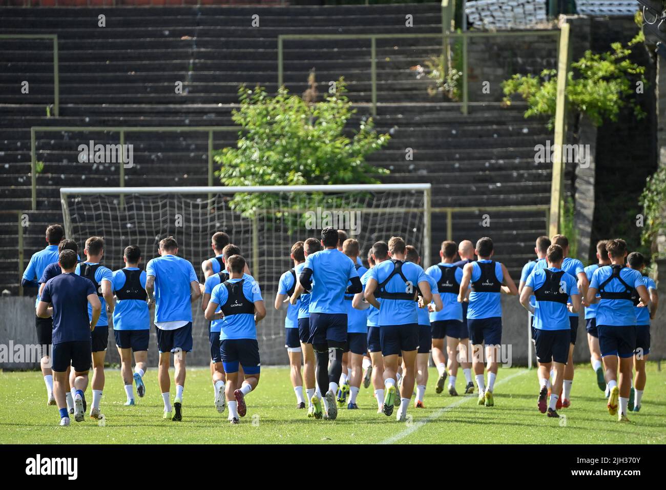 Brussels, Belgium. 14th July, 2022. Dynamo Kyiv's players pictured during a training session of Ukrainian soccer club FC Dynamo Kyiv, Thursday 14 July 2022 at the 'Petit Heyzel'/ 'Kleine Heizel', in Brussels. The City of Brussels makes the Kleine Heysel Stadium available to the football team so that they can train before playing their friendly match against Antwerp on Friday 15 July. They are in Brussels as part of their international tour 'Stop the War - Pray for Peace'. Credit: Belga News Agency/Alamy Live News Stock Photo