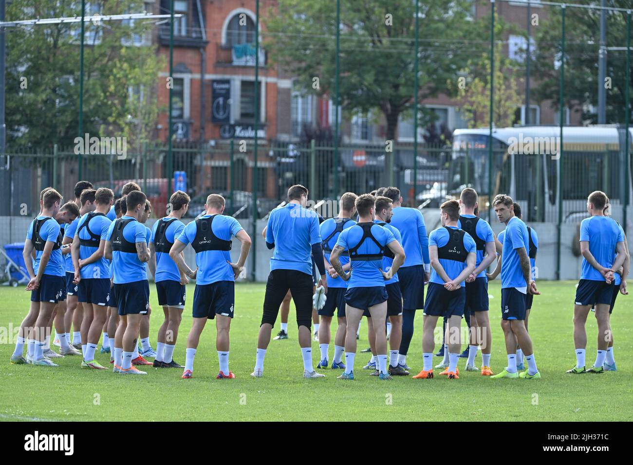 Brussels, Belgium. 14th July, 2022. Dynamo Kyiv's players pictured during a training session of Ukrainian soccer club FC Dynamo Kyiv, Thursday 14 July 2022 at the 'Petit Heyzel'/ 'Kleine Heizel', in Brussels. The City of Brussels makes the Kleine Heysel Stadium available to the football team so that they can train before playing their friendly match against Antwerp on Friday 15 July. They are in Brussels as part of their international tour 'Stop the War - Pray for Peace'. Credit: Belga News Agency/Alamy Live News Stock Photo