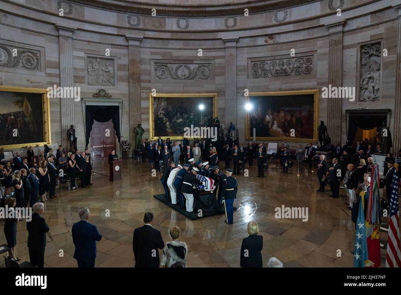 The casket of Marine Chief Warrant Officer 4 Hershel Woodrow “Woody” Williams, the last surviving World War II Medal of Honor recipient, lies in honor in the Rotunda of the US Capitol, in Washington, DC, USA, 14 July 2022. The Marine Corps veteran, who died June 29th, was awarded the nation's highest award for his actions on Iwo Jima.Credit: Eric Lee/Pool via CNP /MediaPunch Stock Photo
