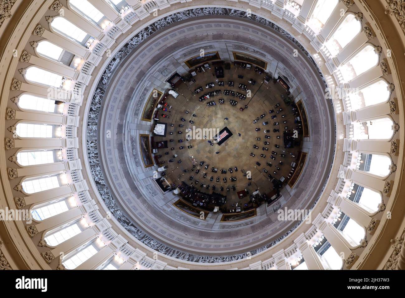 Washington, DC, USA. 14th July, 2022. World War II veteran and Medal of Honor recipient Herschel 'Woody' Williams lays in honor in the center of the United States Capitol Rotunda during a Congressional tribute ceremony on July 14, 2022 in Washington, DC. The last living WWII combat veteran to have receive the Medal of Honor, Williams was a Marine corporal during the Battle of Iwo Jima in 1945 when he used his flamethrower to destroy numerous enemy pillboxes while under intense incoming fire for more than four hours. Credit: Chip Somodevilla/Pool Via Cnp/Media Punch/Alamy Live News Stock Photo