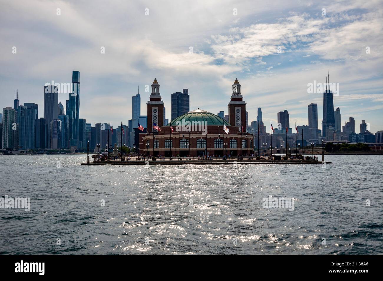 Chicago Skyline and Navy Pier on Lake Michigan in Chicago Illinois, USA Stock Photo