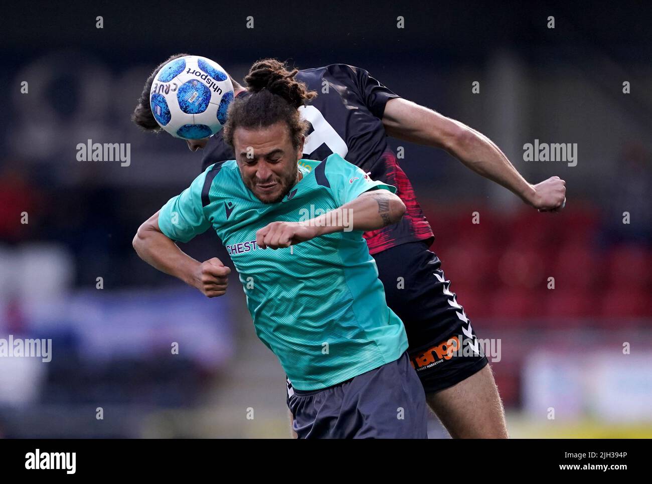 Crusaders’ Adam Lecky battles with Magpies’ Daniel Bent during the UEFA Europa Conference League First Qualifying Round second leg match at Seaview, Belfast. Picture date: Thursday July 14, 2022. Stock Photo