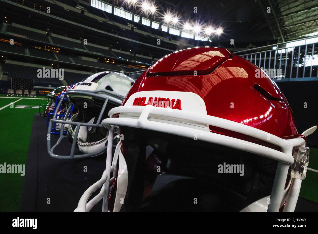 Oklahoma Sooners helmet on display during Big 12 Football media day
