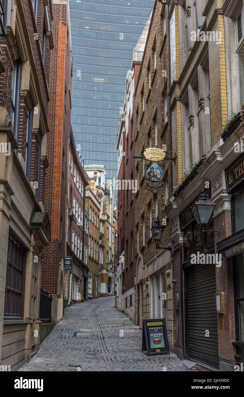 Old and New: The Fenchurch Building (The Walkie-Talkie) at the end of Lovat Lane, London, England, UK Stock Photo