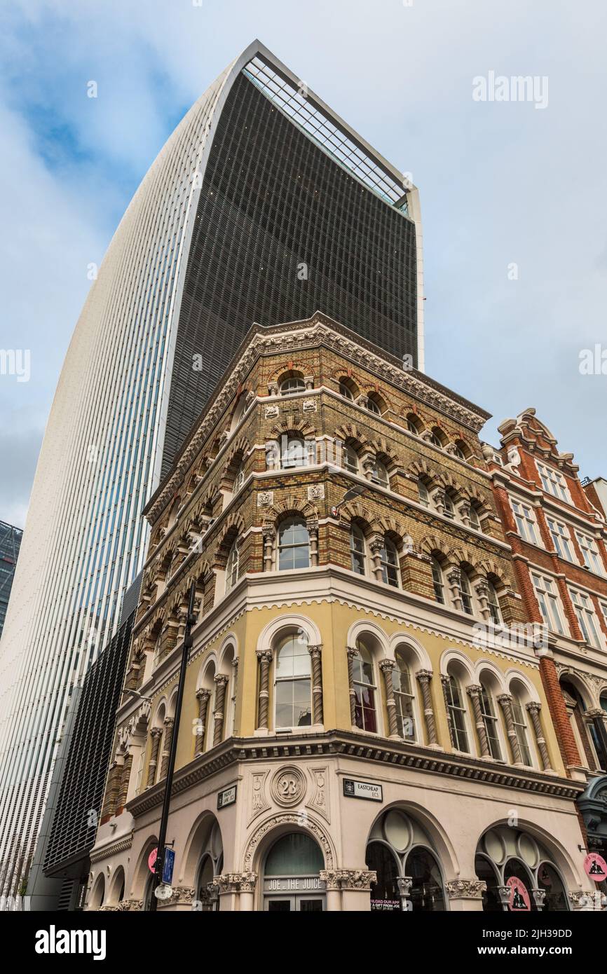 Old and New: The Fenchurch Building (The Walkie-Talkie) behind 23 Eastcheap, London, England, UK Stock Photo