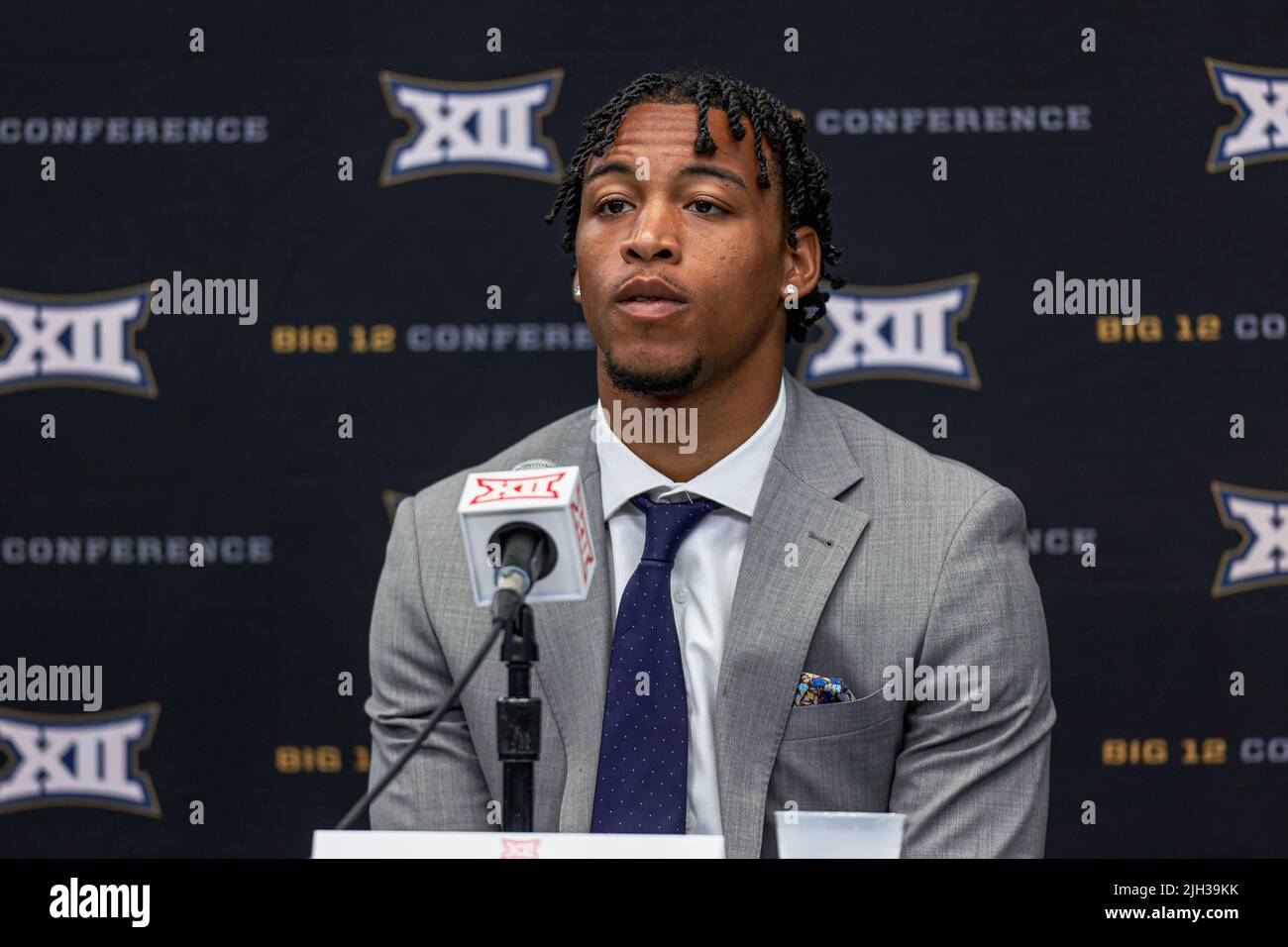 West Virginia Mountaineers cornerback Charles Woods speaks during Big 12 Conference media day, Wednesday, July 13, 2022, in Arlington, TX. (Mario Terr Stock Photo