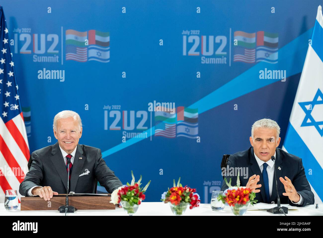 Jerusalem, Israel. 14th July, 2022. U.S President Joe Biden, and Israeli Prime Minister Yair Lapid, right, during a signing ceremony for the US-Israel Strategic Partnership agreement at the Waldorf Astoria, July 14, 2022 in Jerusalem, Israel. Credit: Adam Schultz/White House Photo/Alamy Live News Stock Photo