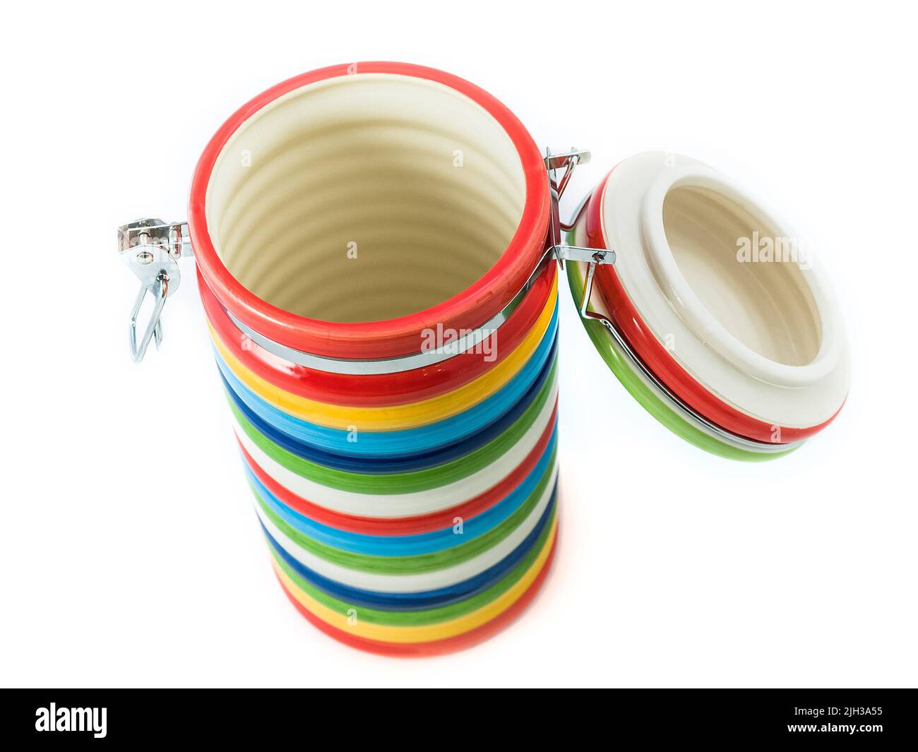 Colorful ceramic pot with locked lid Stock Photo