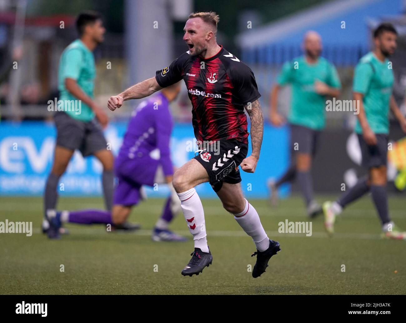 Crusaders’ Jude Winchester celebrates scoring his sides second goal during the UEFA Europa Conference League First Qualifying Round second leg match at Seaview, Belfast. Picture date: Thursday July 14, 2022. Stock Photo