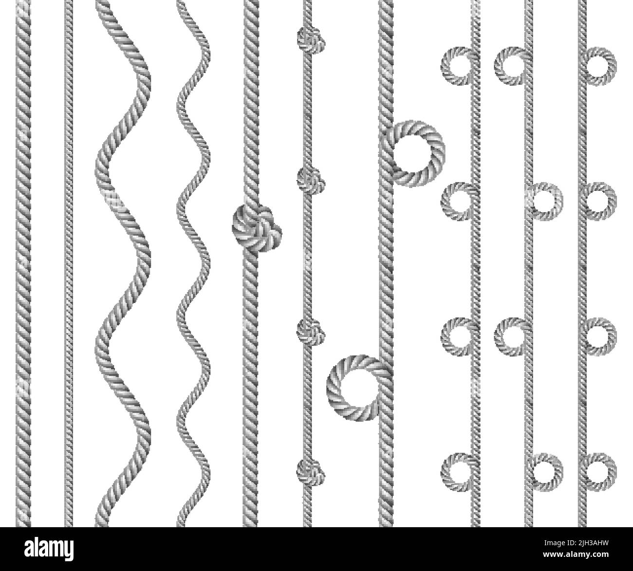 White twisted rope border set, isolated on white, vector illustration