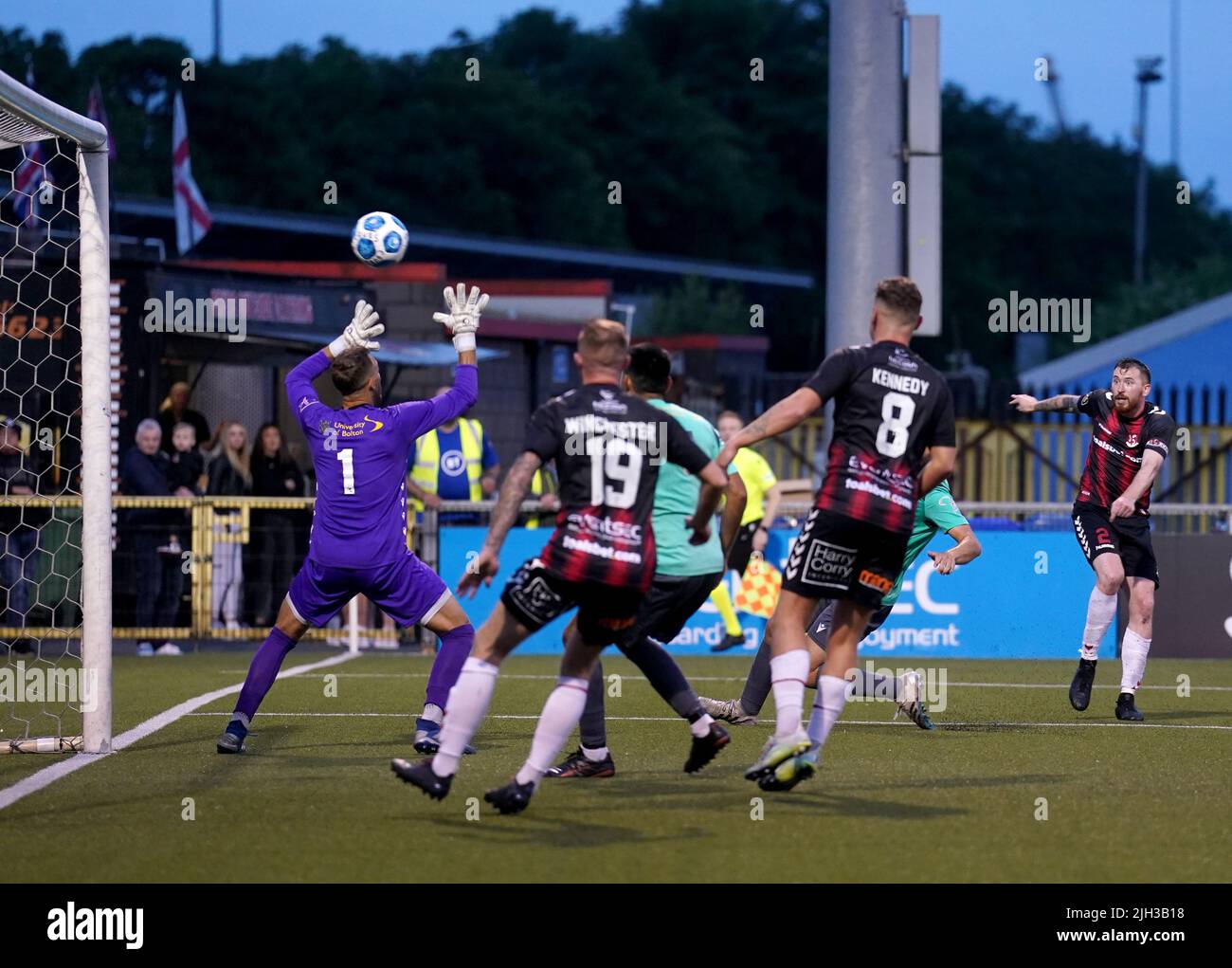 Crusaders’Joseph Burns scores his sides third goal during the UEFA Europa Conference League First Qualifying Round second leg match at Seaview, Belfast. Picture date: Thursday July 14, 2022. Stock Photo
