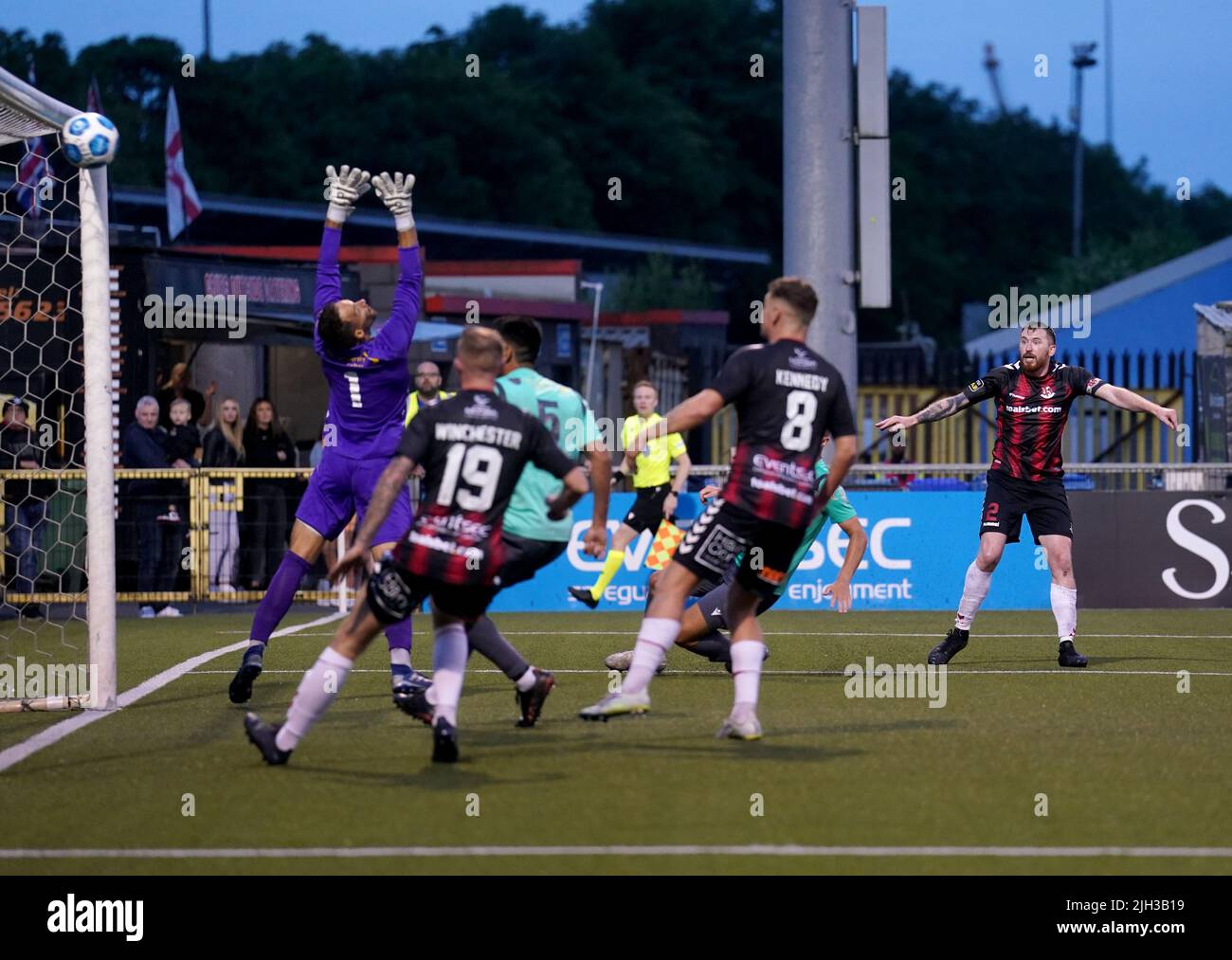 Crusaders’Joseph Burns scores his sides third goal during the UEFA Europa Conference League First Qualifying Round second leg match at Seaview, Belfast. Picture date: Thursday July 14, 2022. Stock Photo