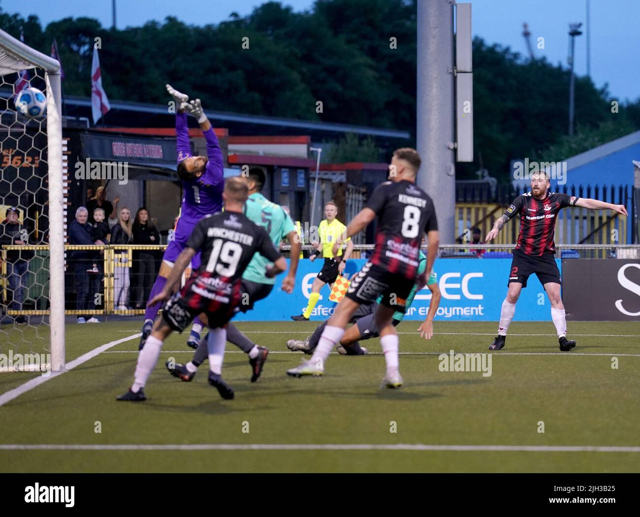 Crusaders’Joseph Burns scores his sides third goal during the UEFA Europa Conference League First Qualifying Round second leg match at Seaview, Belfast. Picture date: Thursday July 14, 2022. Stock Photo