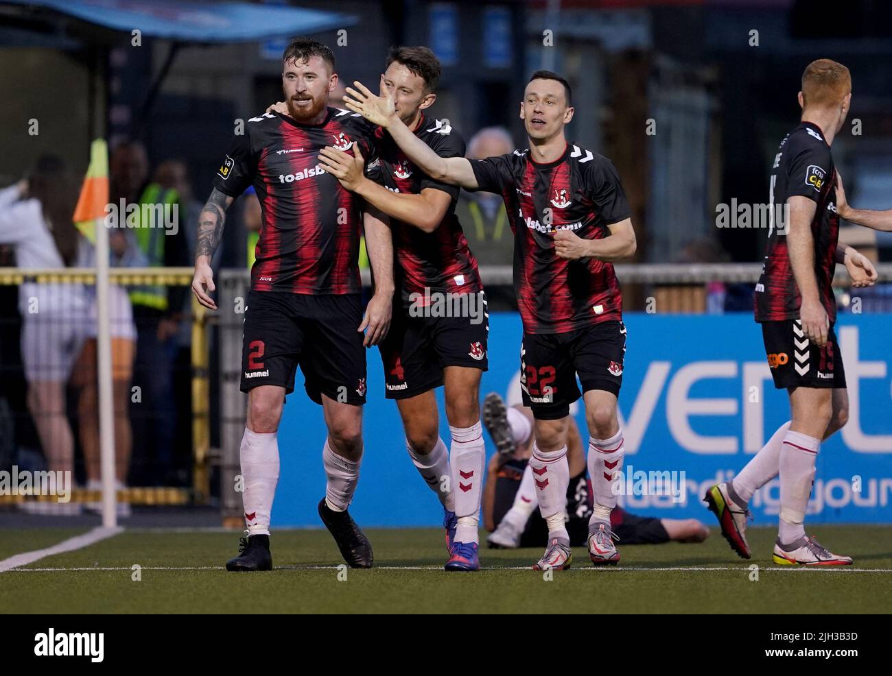 Crusaders’Joseph Burns celebrates scoring his sides third goal during the UEFA Europa Conference League First Qualifying Round second leg match at Seaview, Belfast. Picture date: Thursday July 14, 2022. Stock Photo