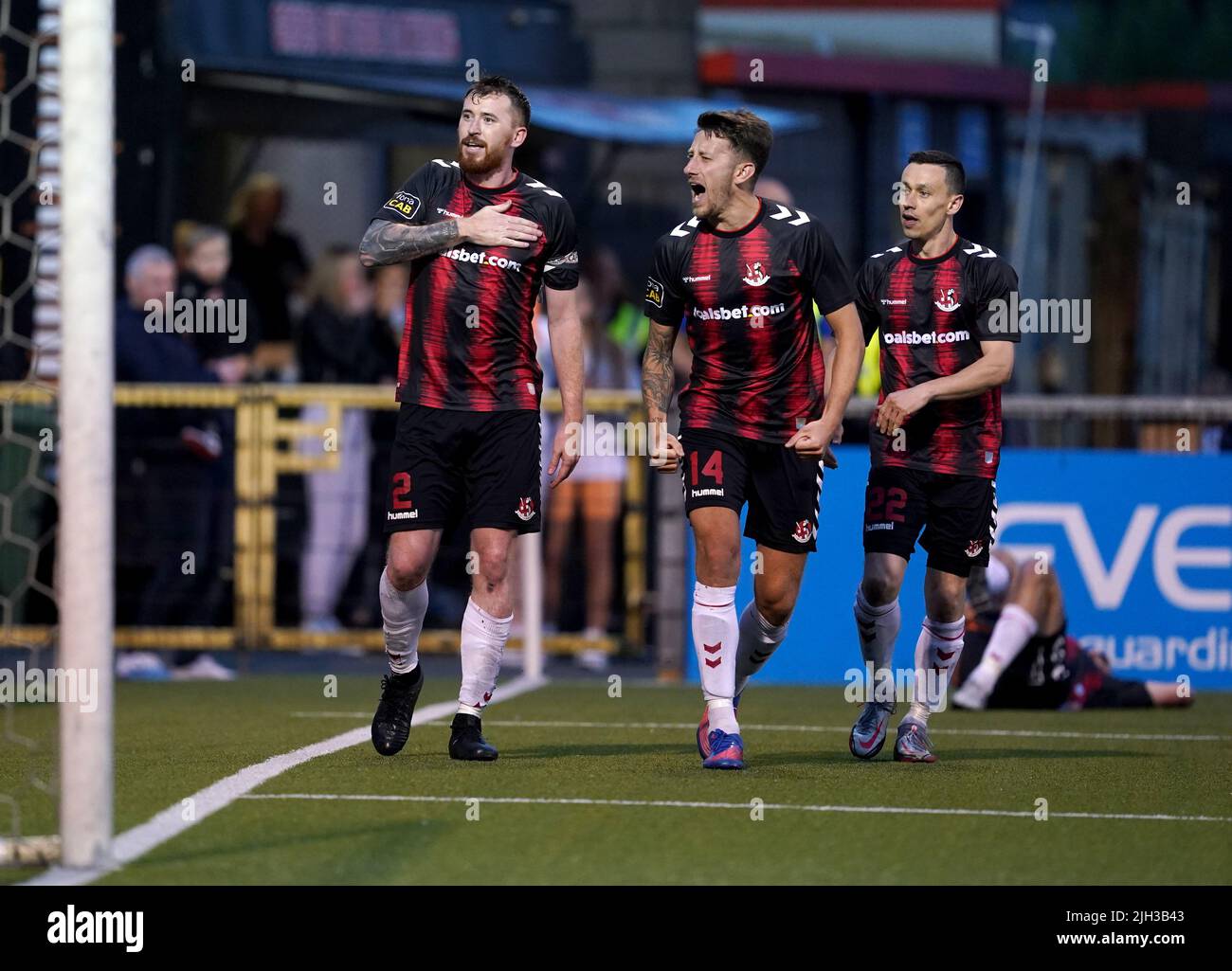 Crusaders’Joseph Burns celebrates scoring his sides third goal during the UEFA Europa Conference League First Qualifying Round second leg match at Seaview, Belfast. Picture date: Thursday July 14, 2022. Stock Photo