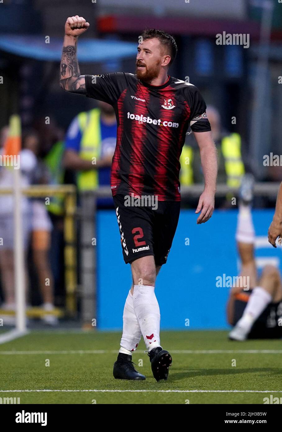 Crusaders’Joseph Burns celebrates scoring his sides third goal during the UEFA Europa Conference League First Qualifying Round second leg match at Seaview, Belfast. Picture date: Thursday July 14, 2022. Stock Photo