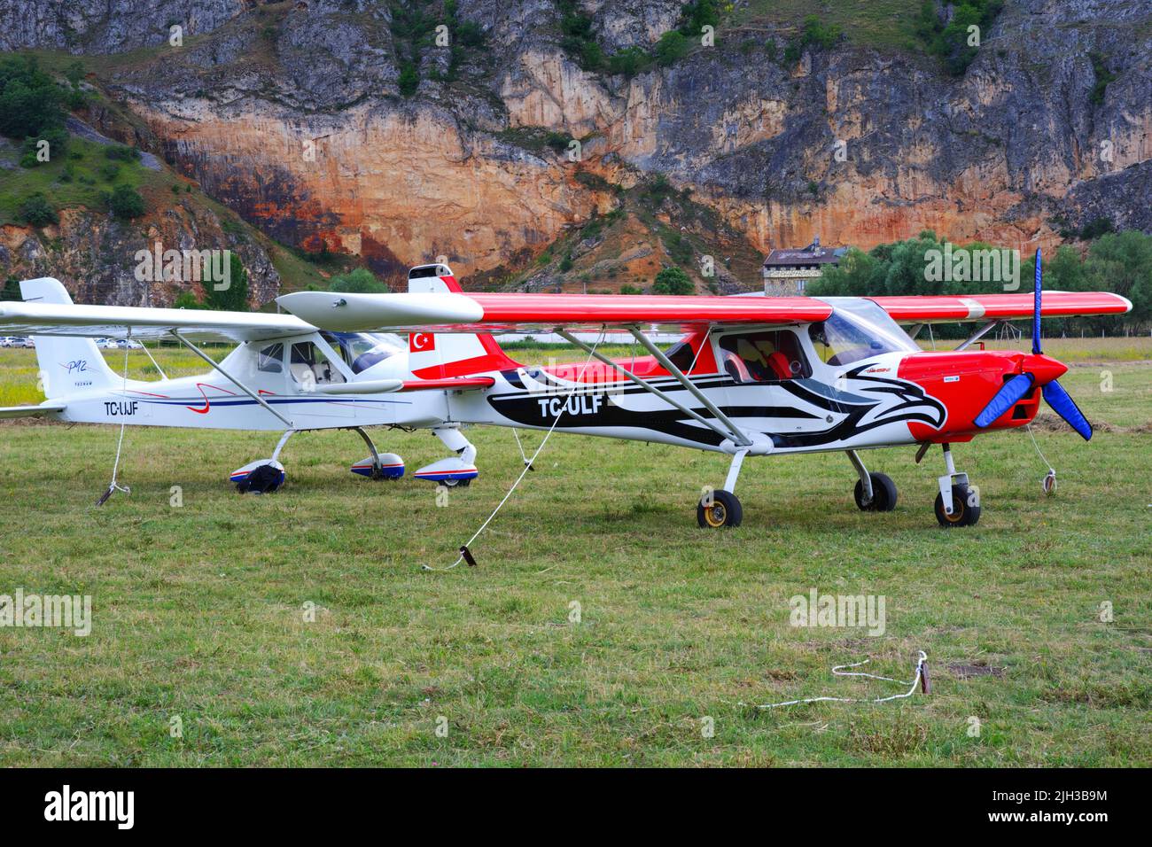Red and white small airplane outdoor Stock Photo