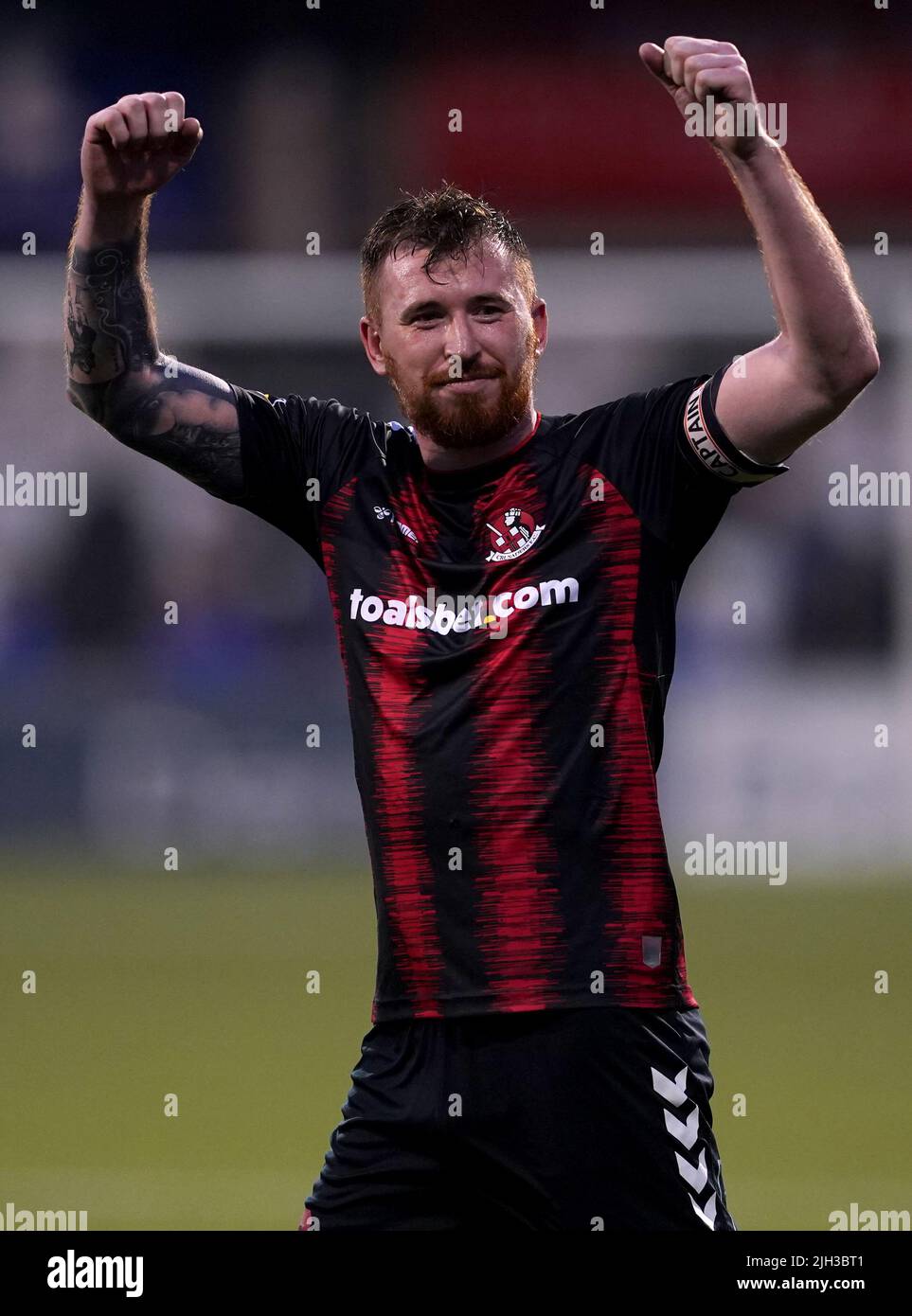 Crusaders’Joseph Burns celebrates at full time after the UEFA Europa Conference League First Qualifying Round second leg match at Seaview, Belfast. Picture date: Thursday July 14, 2022. Stock Photo