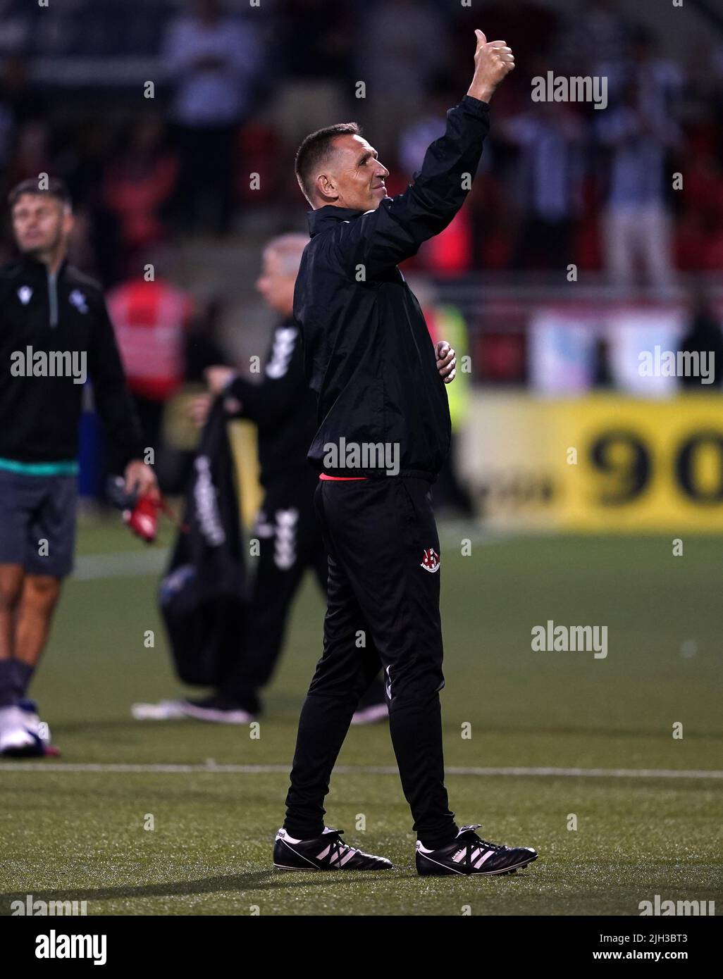 Crusaders manager Stephen Baxter reacts at full time after the UEFA Europa Conference League First Qualifying Round second leg match at Seaview, Belfast. Picture date: Thursday July 14, 2022. Stock Photo