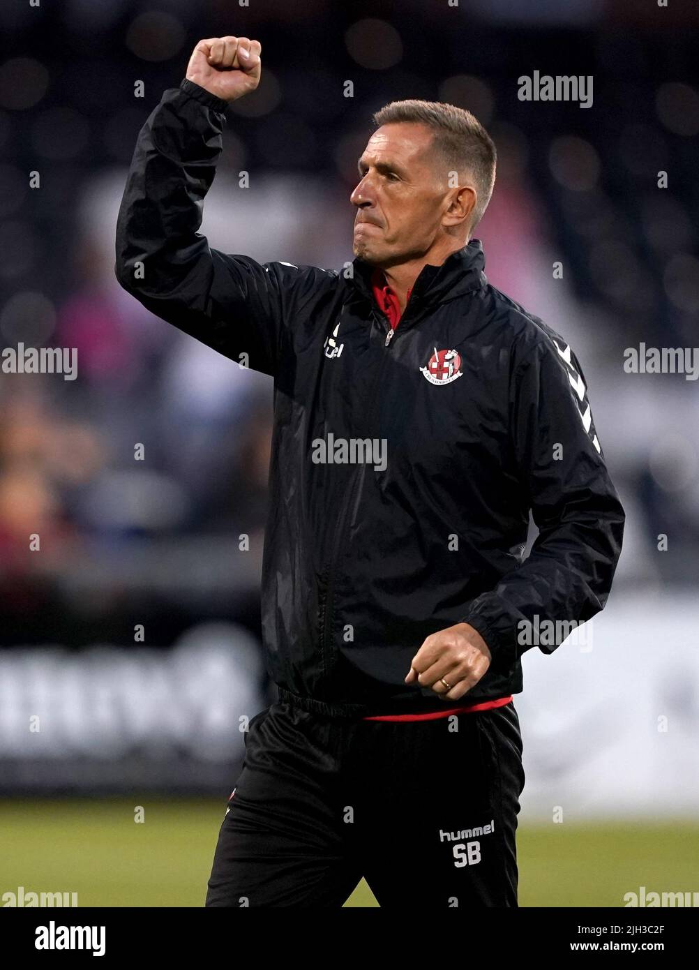 Crusaders manager Stephen Baxter reacts at full time after the UEFA Europa Conference League First Qualifying Round second leg match at Seaview, Belfast. Picture date: Thursday July 14, 2022. Stock Photo