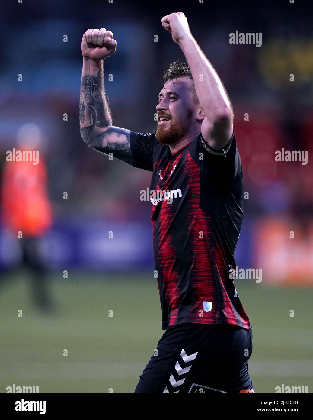 Crusaders’Joseph Burns celebrates at full time after the UEFA Europa Conference League First Qualifying Round second leg match at Seaview, Belfast. Picture date: Thursday July 14, 2022. Stock Photo