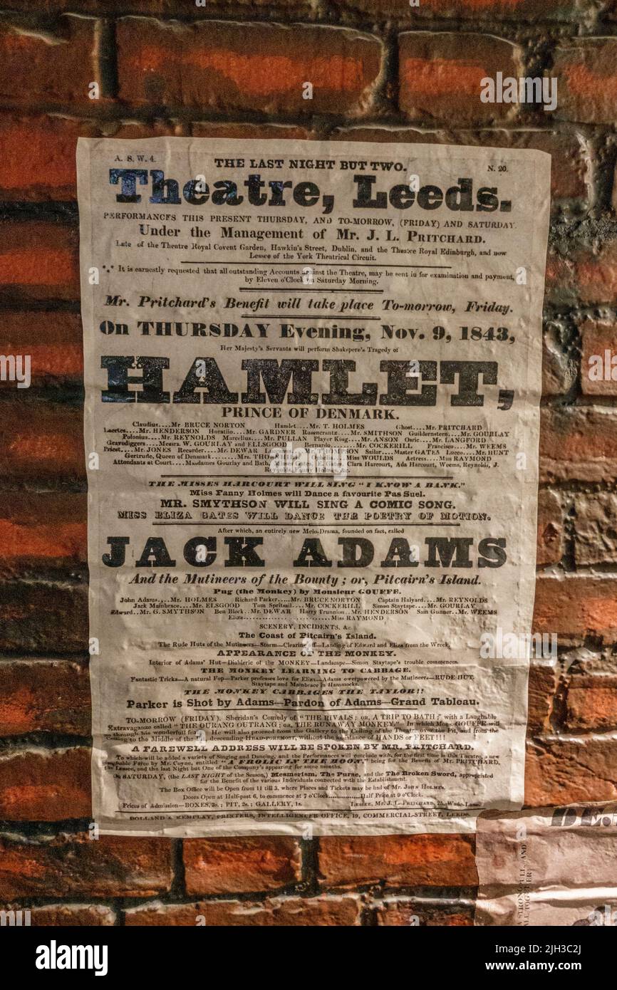 Poster for 'Hamlet' at the Theatre, Leeds on 9th November 1843 on