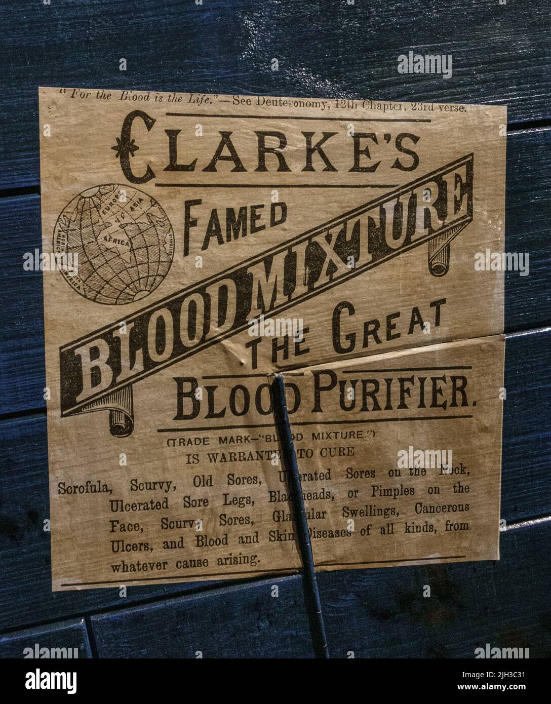 Advertising poster for 'Clarke's Famed Blood Mixture The Great Blood Purifier' on display in the Thackray Museum of Medicine, Leeds, Yorkshire, UK. Stock Photo