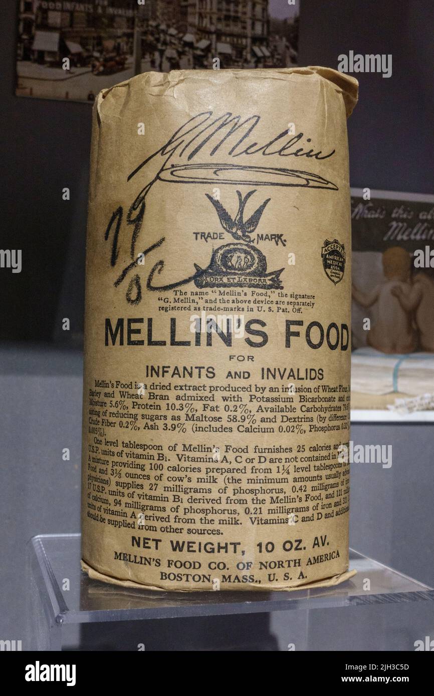 Mellins Food for Invalids & Infants (1490-1910) on display in the Thackray Museum of Medicine, Leeds, UK. Stock Photo