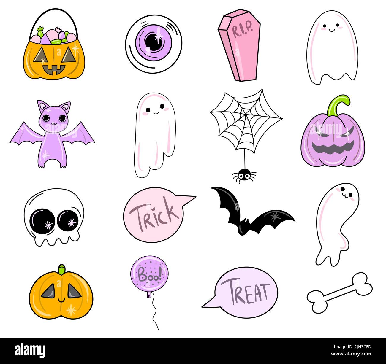 Cute cartoon skull and pumpkin Halloween doodle element. 24864836 PNG