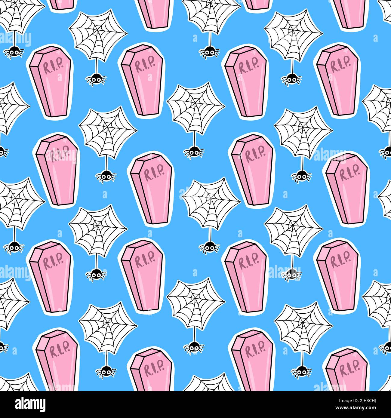 Vector Seamless Halloween pattern with coffins and spiders on a cobweb on a blue background. Stock Vector