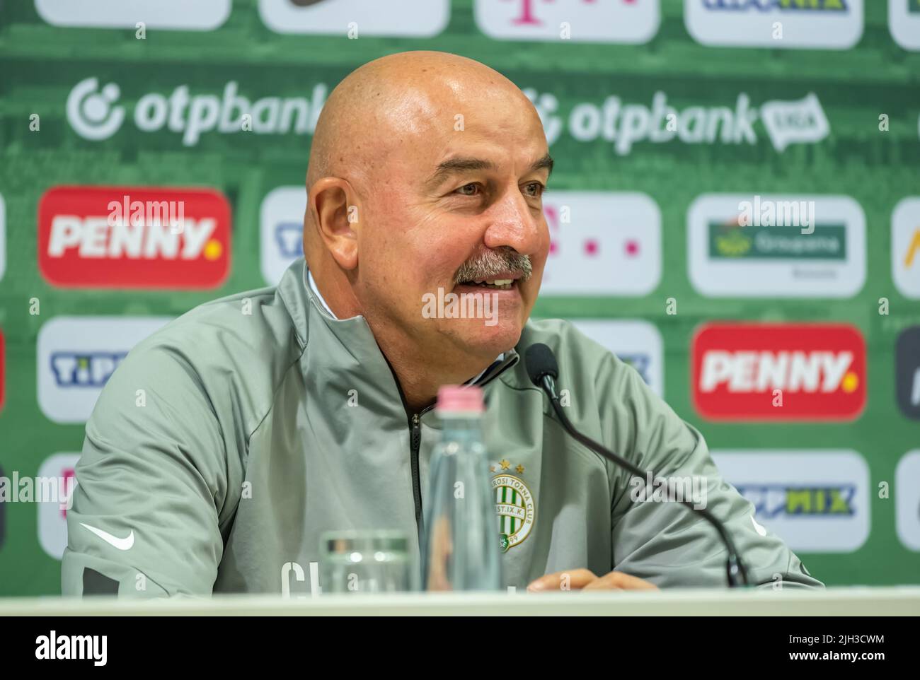Budapest, Hungary – July 12, 2022. Ferencvaros coach Stanislav Cherchesov at a press conference ahead of UEFA Champions League qualification match Fer Stock Photo
