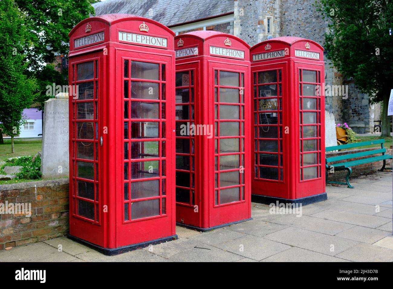 Three Red Telephone boxes Essex Stock Photo