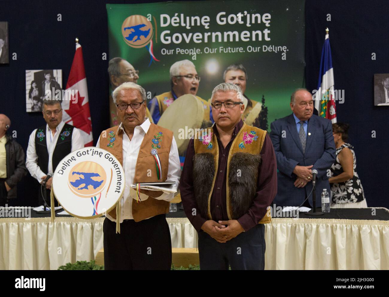 Dene government leaders at ceremony on the Effective Date of the Deline Final Self-government Agreement, in Deline, Northwest Territories, Canada. Stock Photo