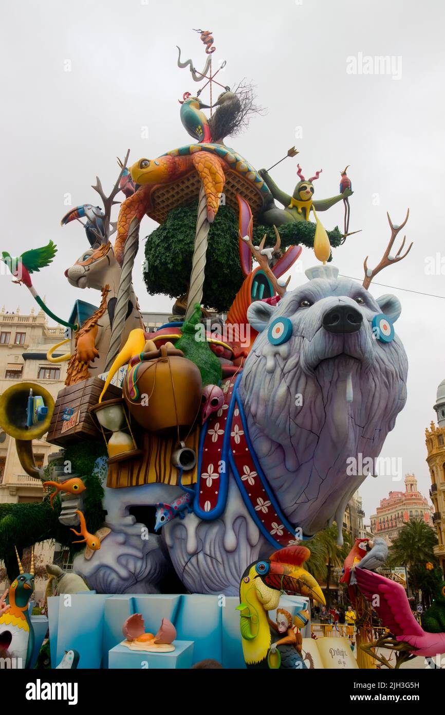March, 2022. Valencia, Spain. Image of the monument planted in the Plaza del Ayuntamiento in Valencia, during the Fallas festivities of 2022. This mon Stock Photo