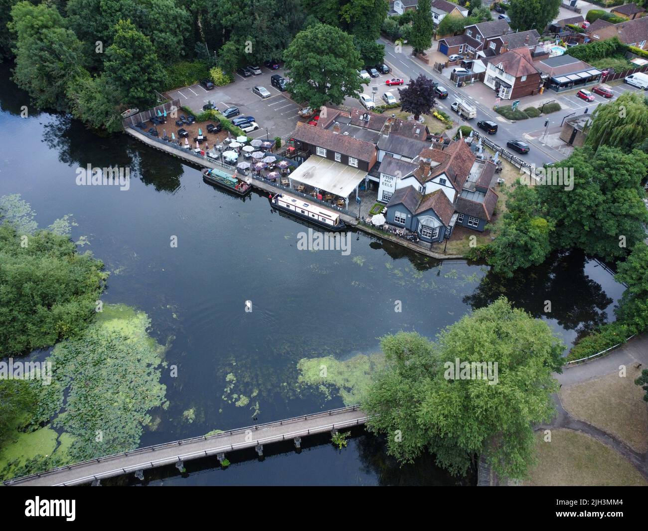 Aerial view of riverside pub and bridge in Hoddesdon UK Stock Photo Alamy
