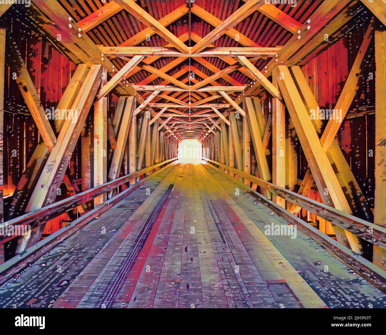 Painted image inside Lowe's Covered Bridge in Maine, with light at the end. Stock Photo