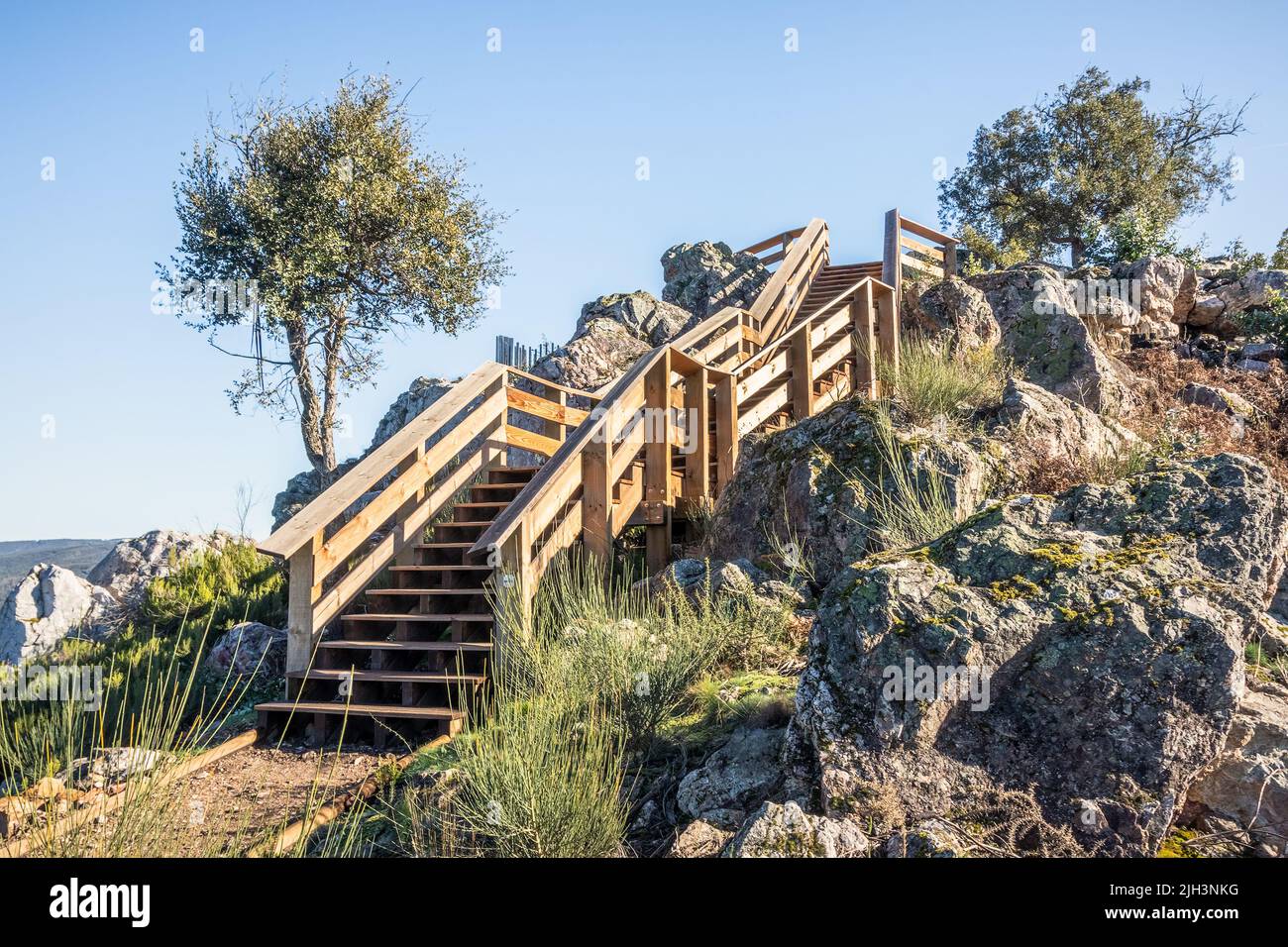 Small stretch of stairs from the walkways of Fragas de São Simão among rocks, next to the chapel of São Simão in Casal de São Simão, Portugal. Stock Photo