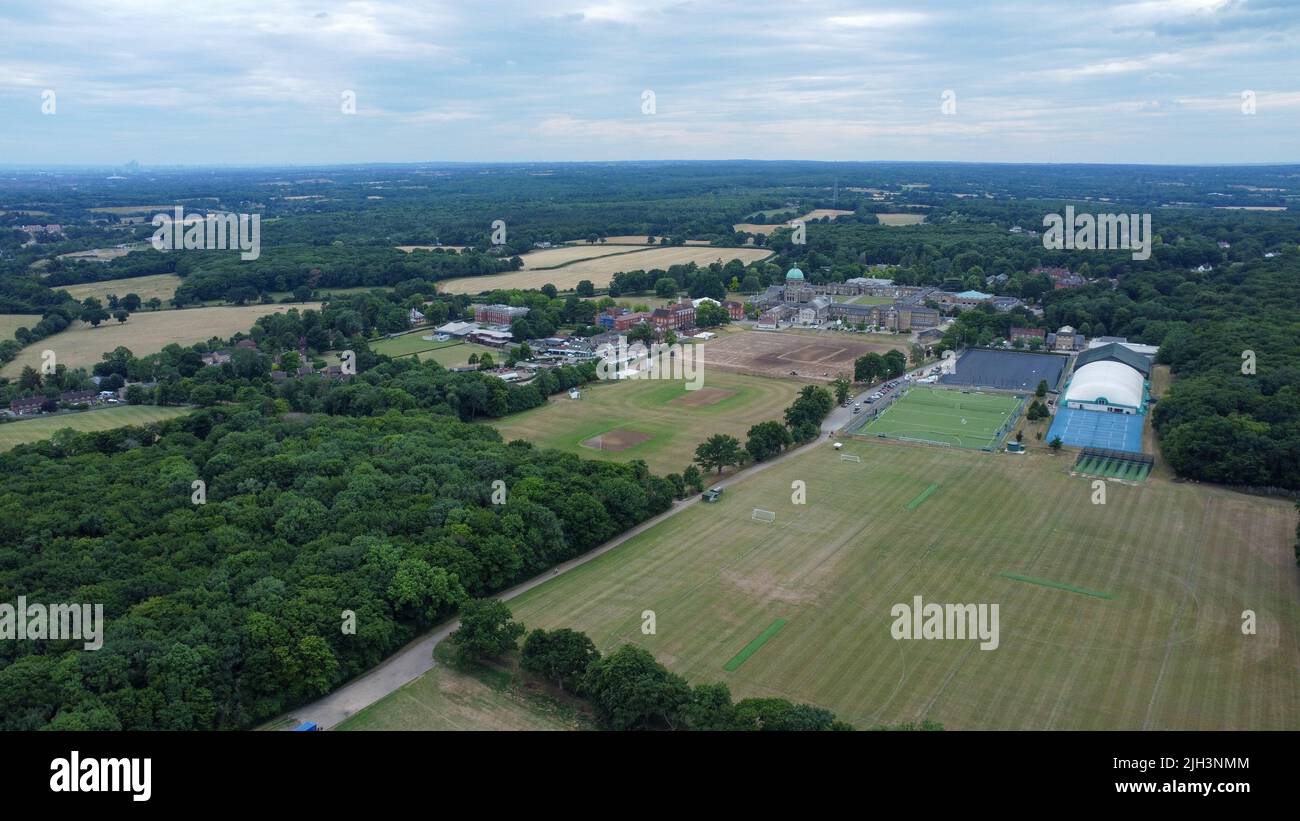 Aerial view of sports fields, Hertford Heath and Haileybury College in the background Stock Photo