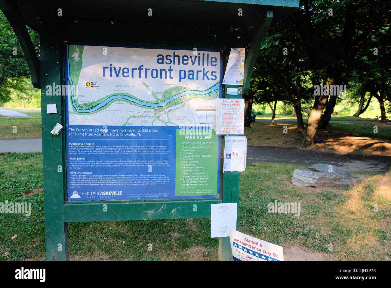 Asheville, North Carolina Riverfront Parks map at the French Broad River Park; public parks and outdoor recreation. Stock Photo